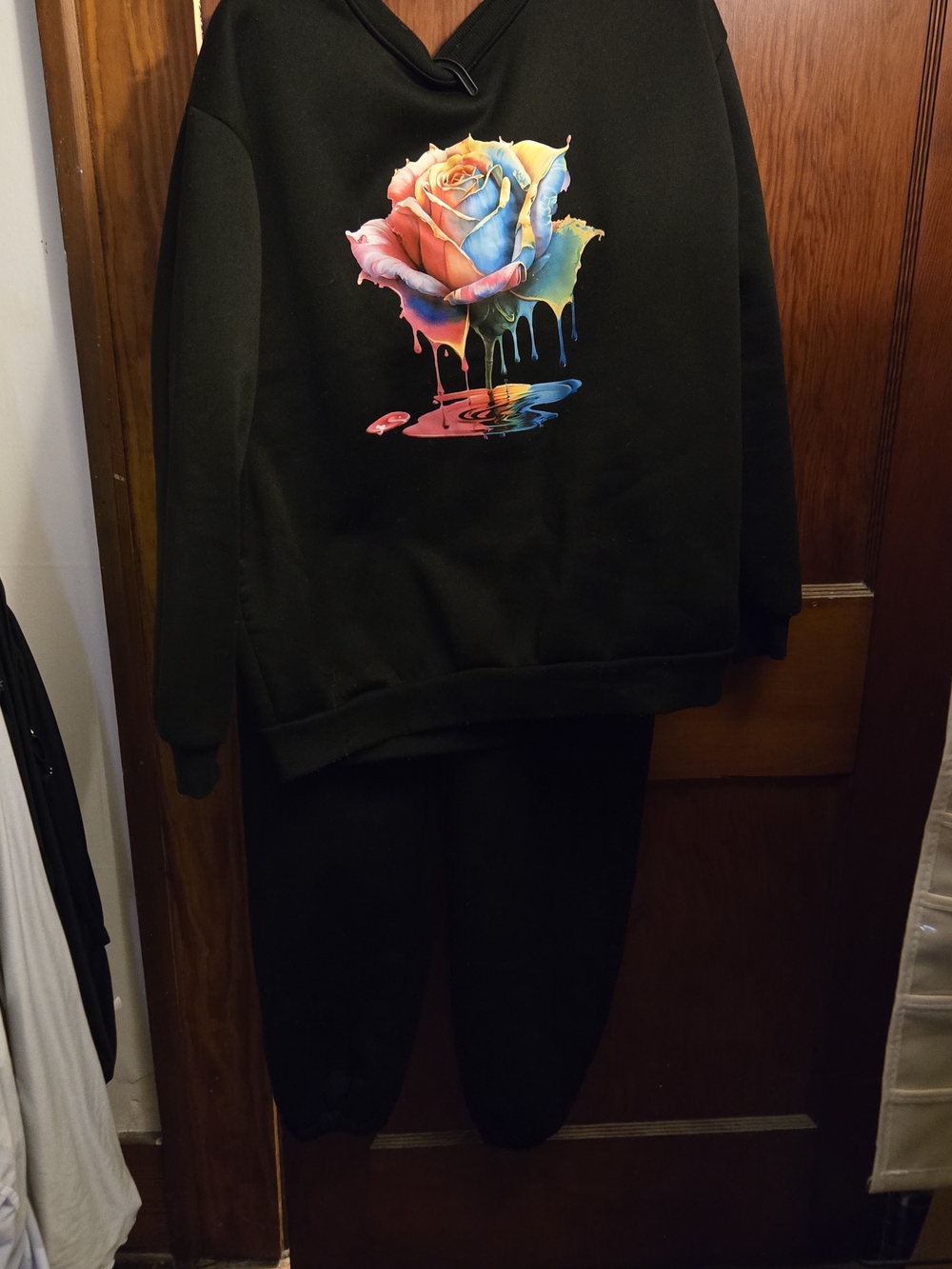 Black Sweatshirt And Pants Set with Rainbow Dripping Rose Graphic